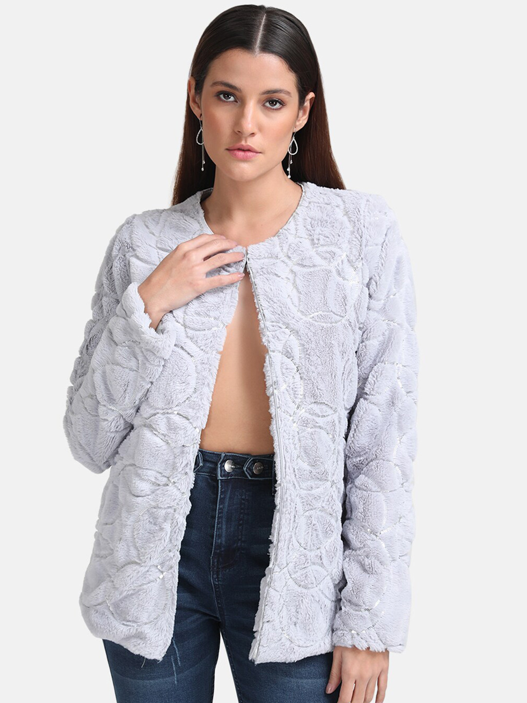 Kazo Women Grey Sequin Fur Open Front Jacket
