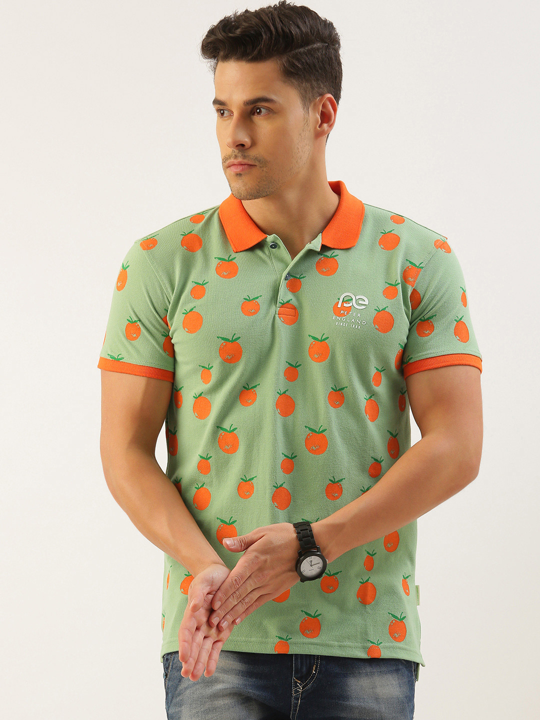 Peter England Better Jeans Company Men Printed Polo Collar Applique Slim Fit T-shirt