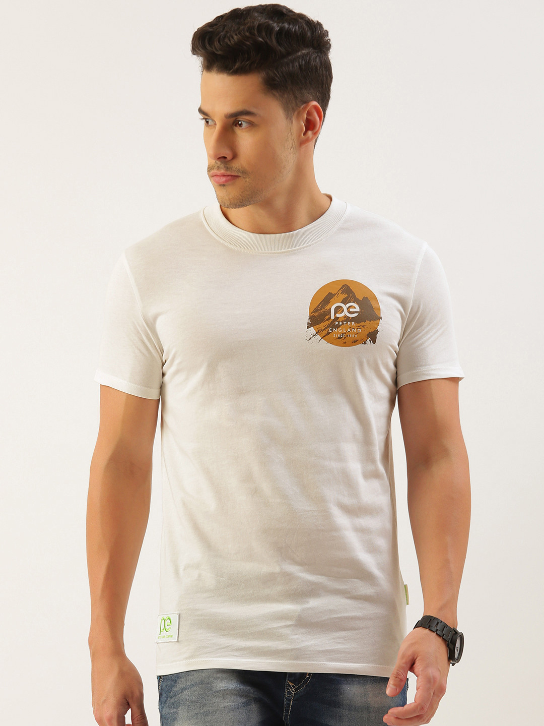 Peter England Better Jeans Company Undyed Brand Logo Printed Pure Cotton Slim Fit T-shirt