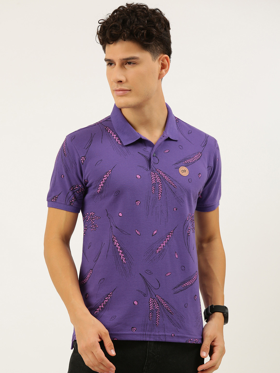 Peter England Better Jeans Company Men Purple Floral Printed Polo Collar Slim Fit T-shirt