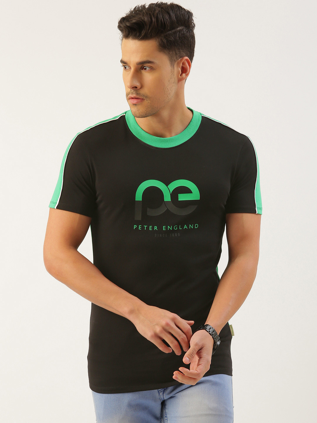 Peter England Better Jeans Company Men Brand Logo Printed Pure Cotton Slim Fit T-shirt