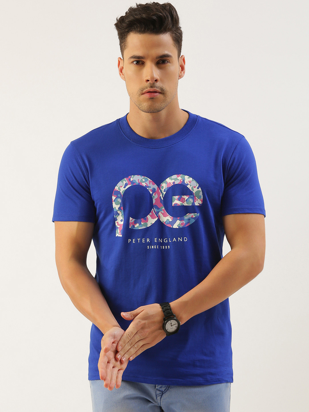 Peter England Better Jeans Company Men Brand Logo Printed Pure Cotton Slim Fit T-shirt