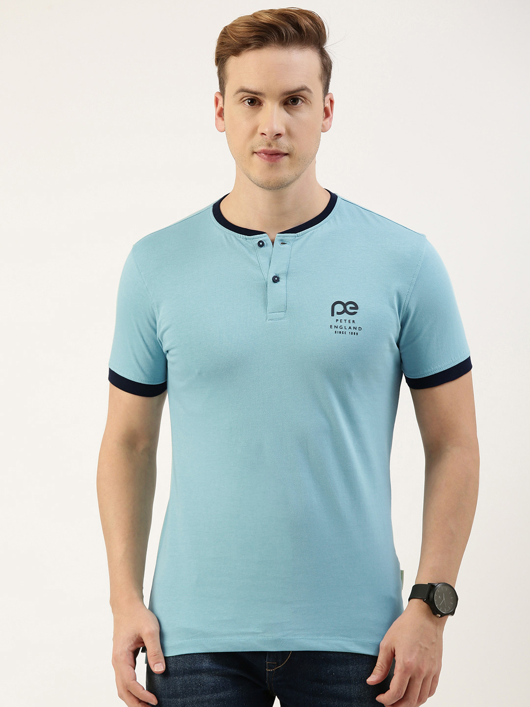 Peter England Better Jeans Company Men Pure Cotton Henley Neck Applique T-shirt