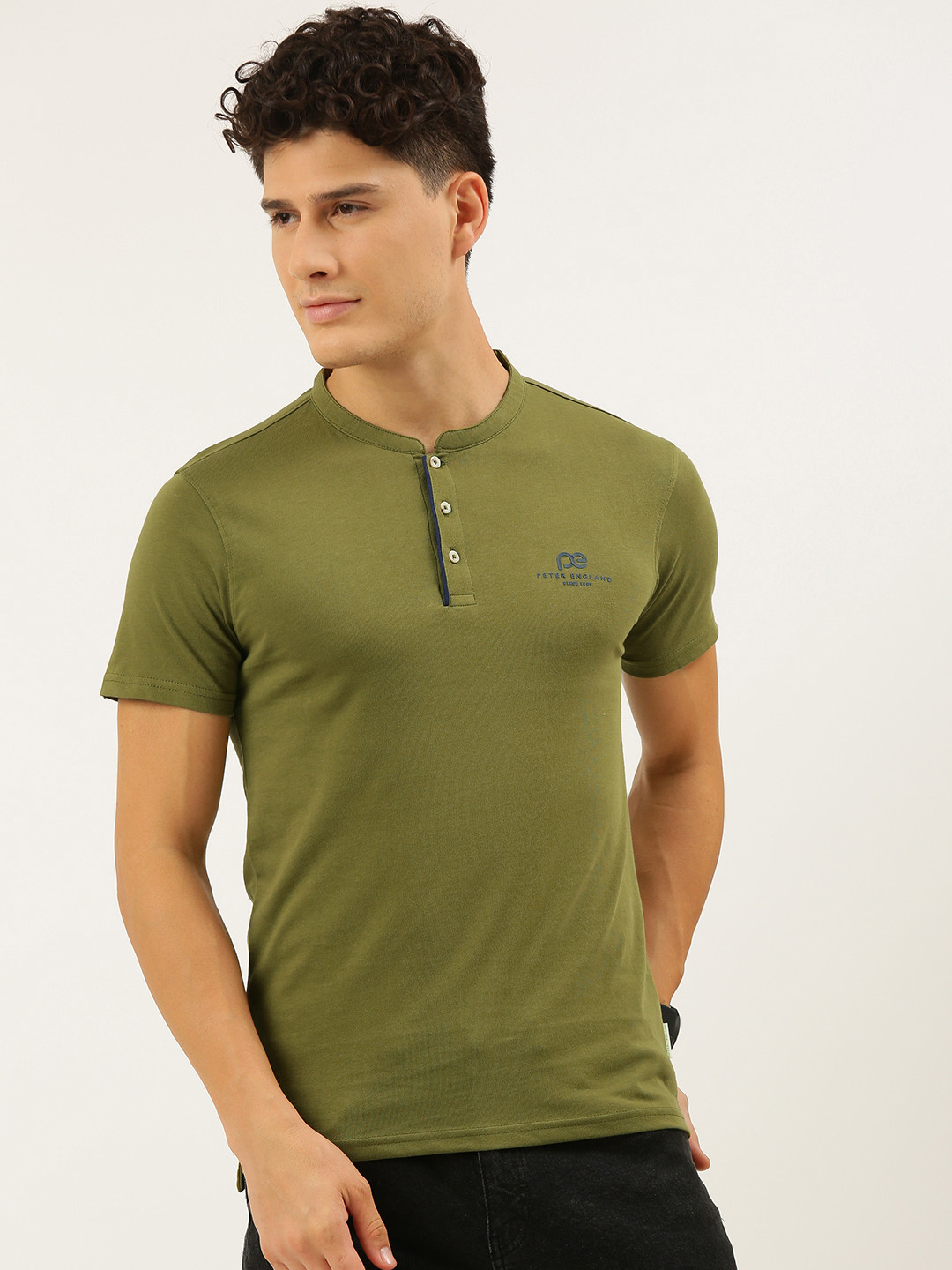 Peter England Better Jeans Company Men Olive Green Henley Neck Pure Cotton Slim Fit T-shirt