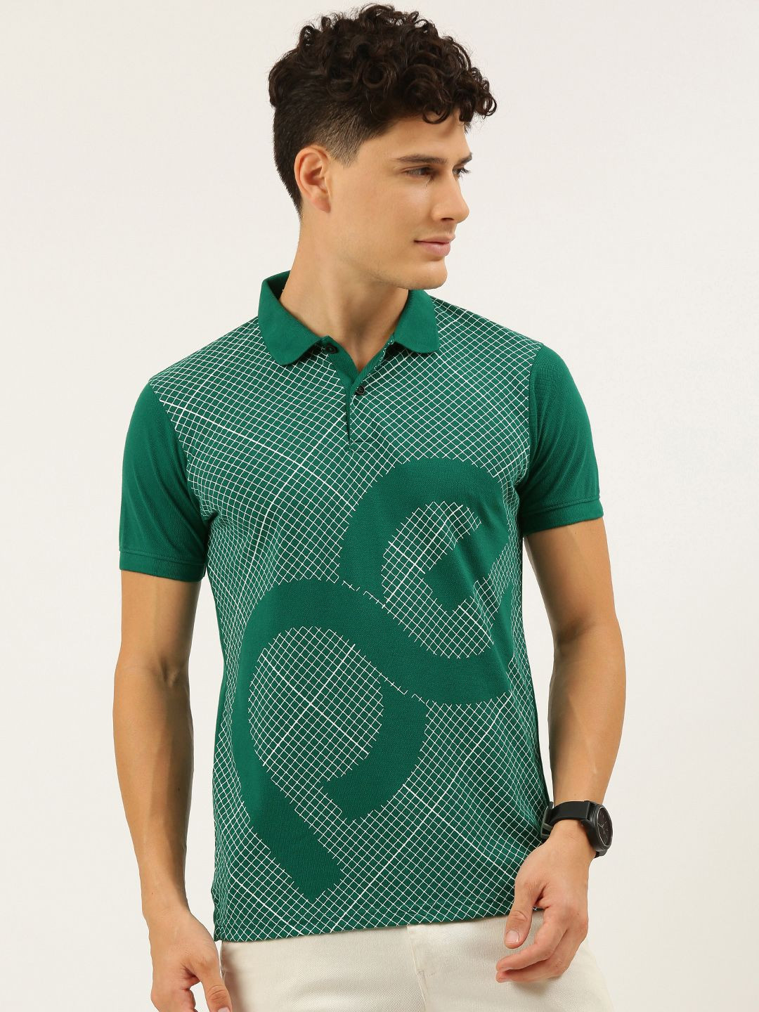 Peter England Better Jeans Company Men Green Brand Logo Printed Polo Collar Slim Fit T-shirt