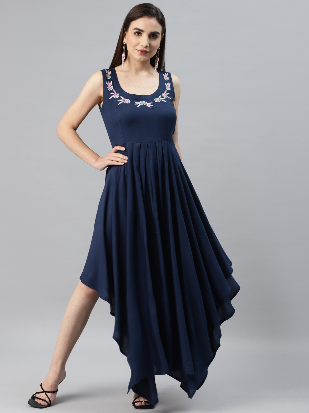 MBE Women Navy Blue Embroidered Maxi Dress