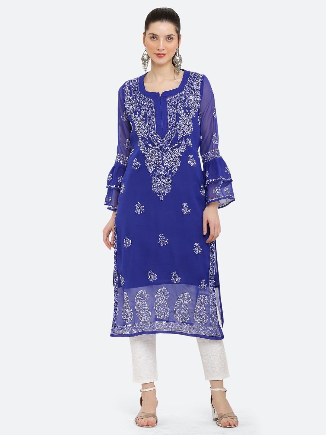 FAWOMENT Chikankari Embroidered Bell Sleeves Georgette Kurta with Inner