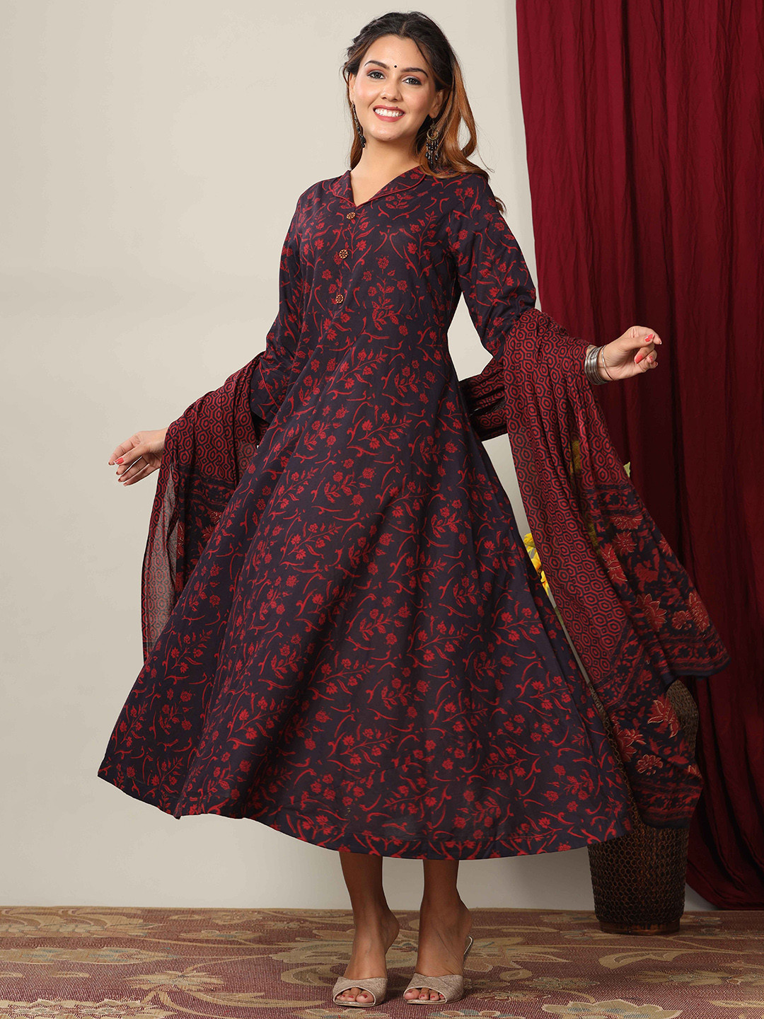 MIRAVAN Floral Printed Anarkali Pure Cotton Kurta With Dupatta