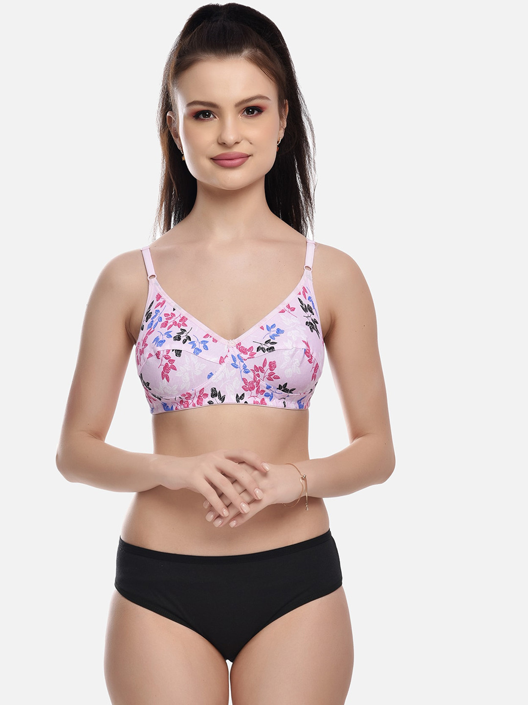 FIMS Women Pink & Black Floral Printed Lingerie Set MTR_Muskan_Set_Pink_B
