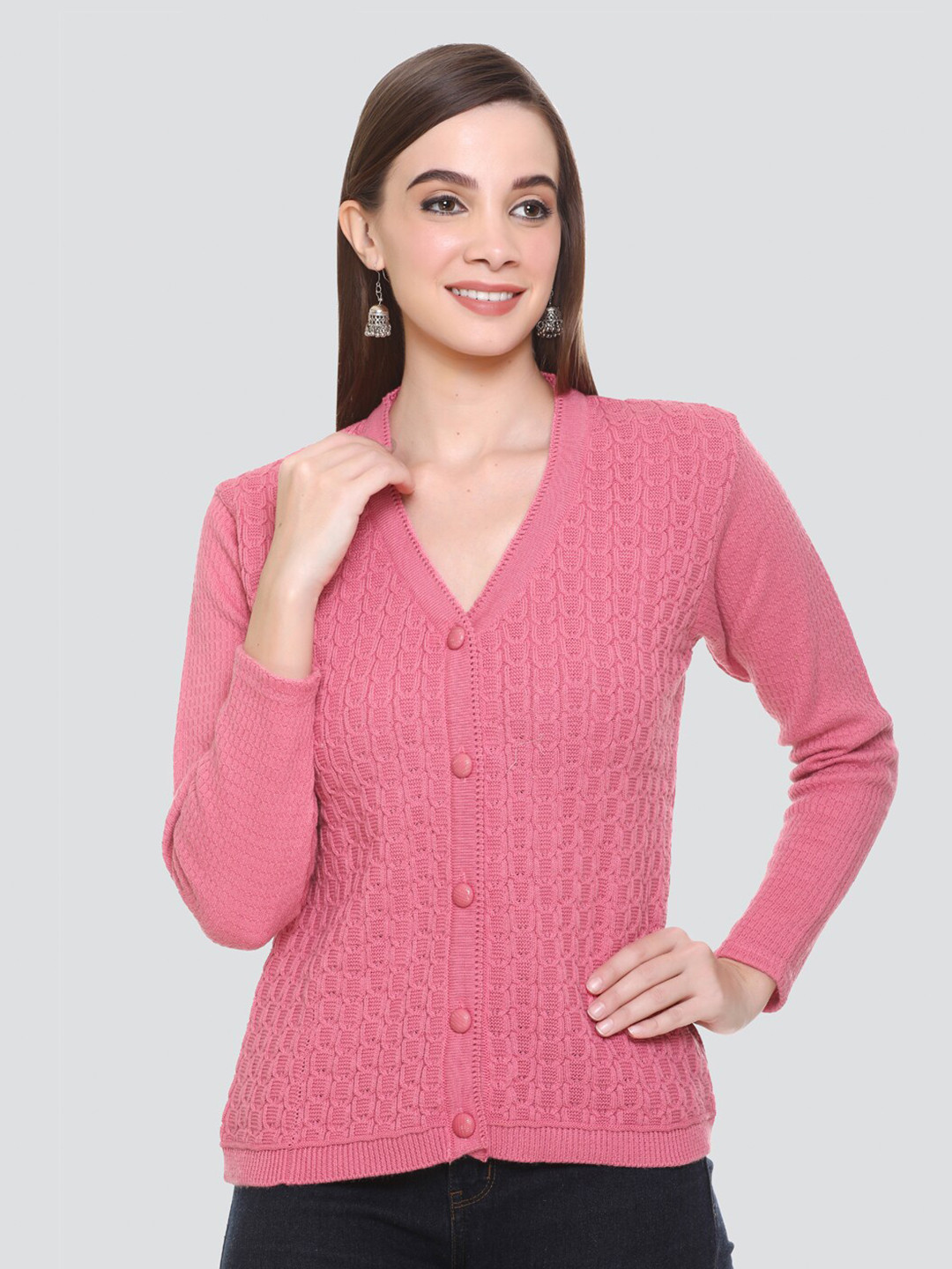 NITSLINE Women Pink Cable Knit Acrylic  Cardigan
