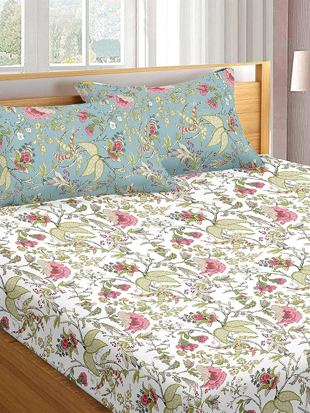 Trance Home Linen White Floral Cotton Breathable 180 TC Fitted King Fine Bedsheet with 2 Pillow Covers-78 x 72 inches