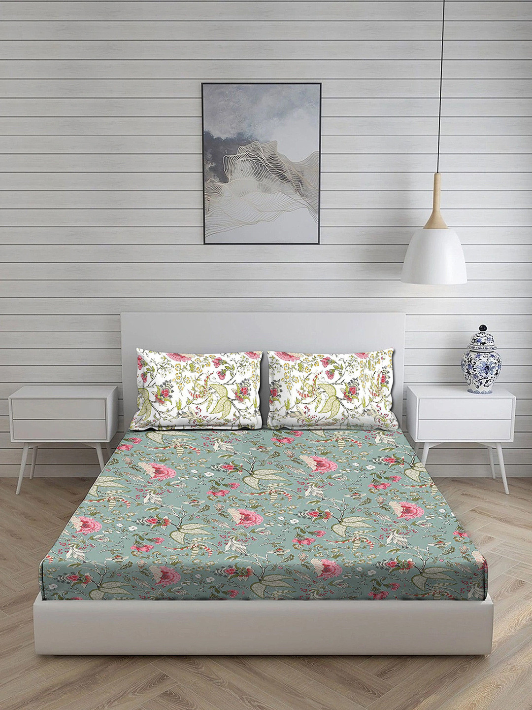 Trance Home Linen White Floral Cotton 180 TC Fitted King Fine Bedsheet with 2 Pillow Covers-78 x 72 inches