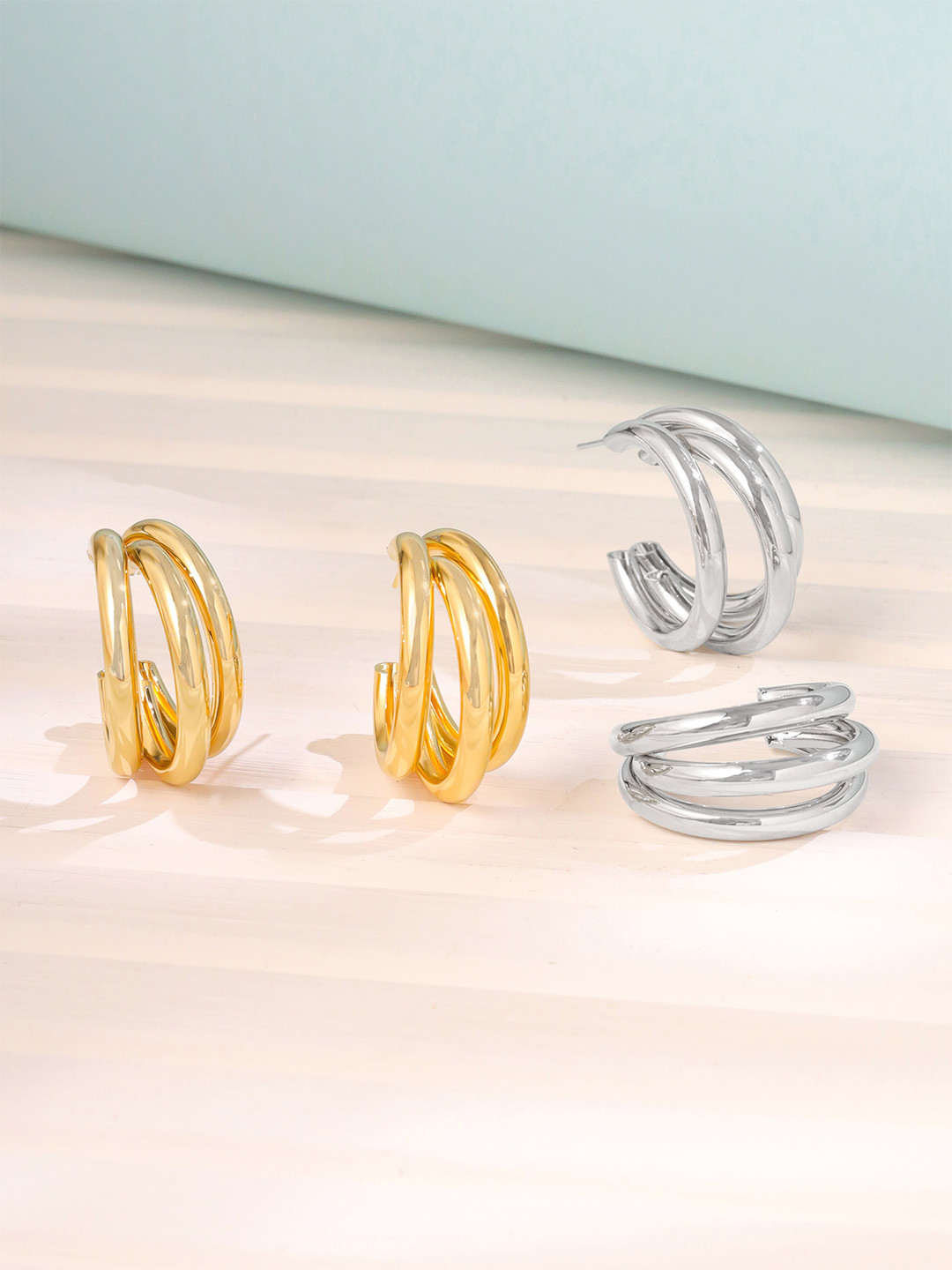 Yellow Chimes Set of 2 pairs  silver and gold triple layered hoop earrings