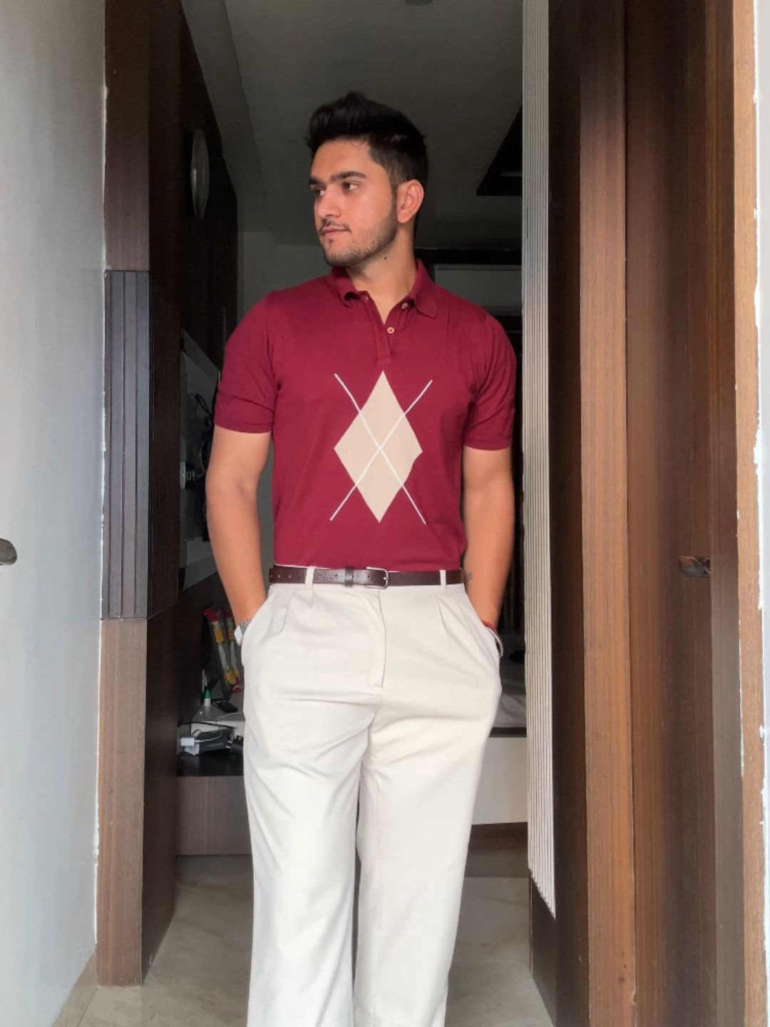 ARMISTO Men Maroon & Cream-Coloured Argyle Knit Pure Cotton T-shirt
