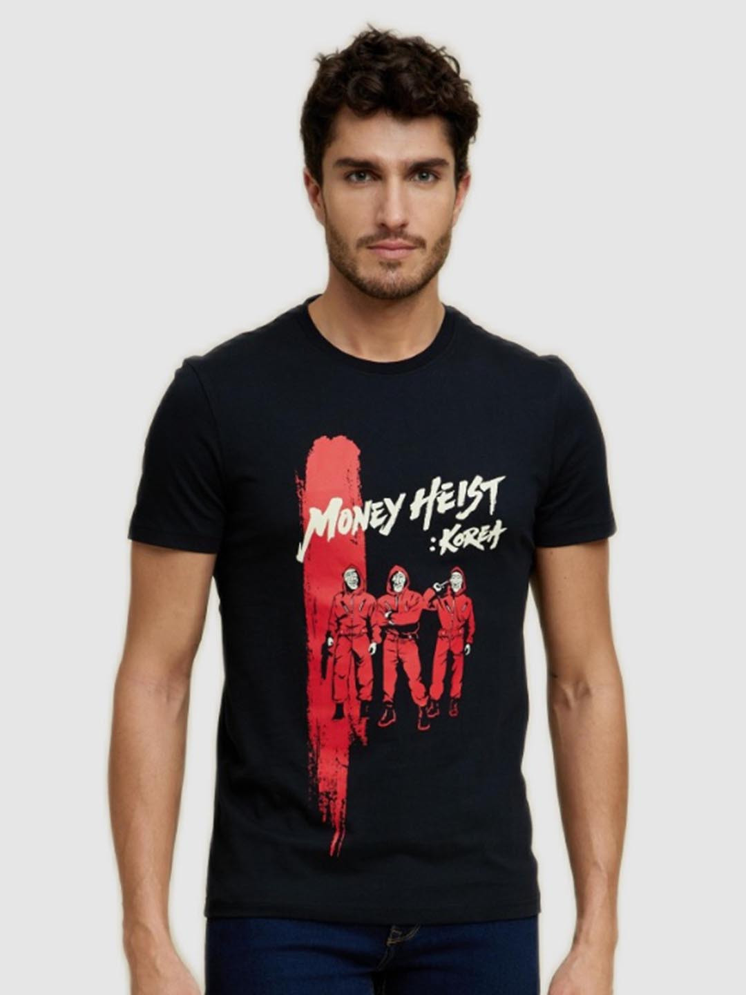 Celio Men Black & Red Money Heist Printed Slim Fit Cotton T-shirt