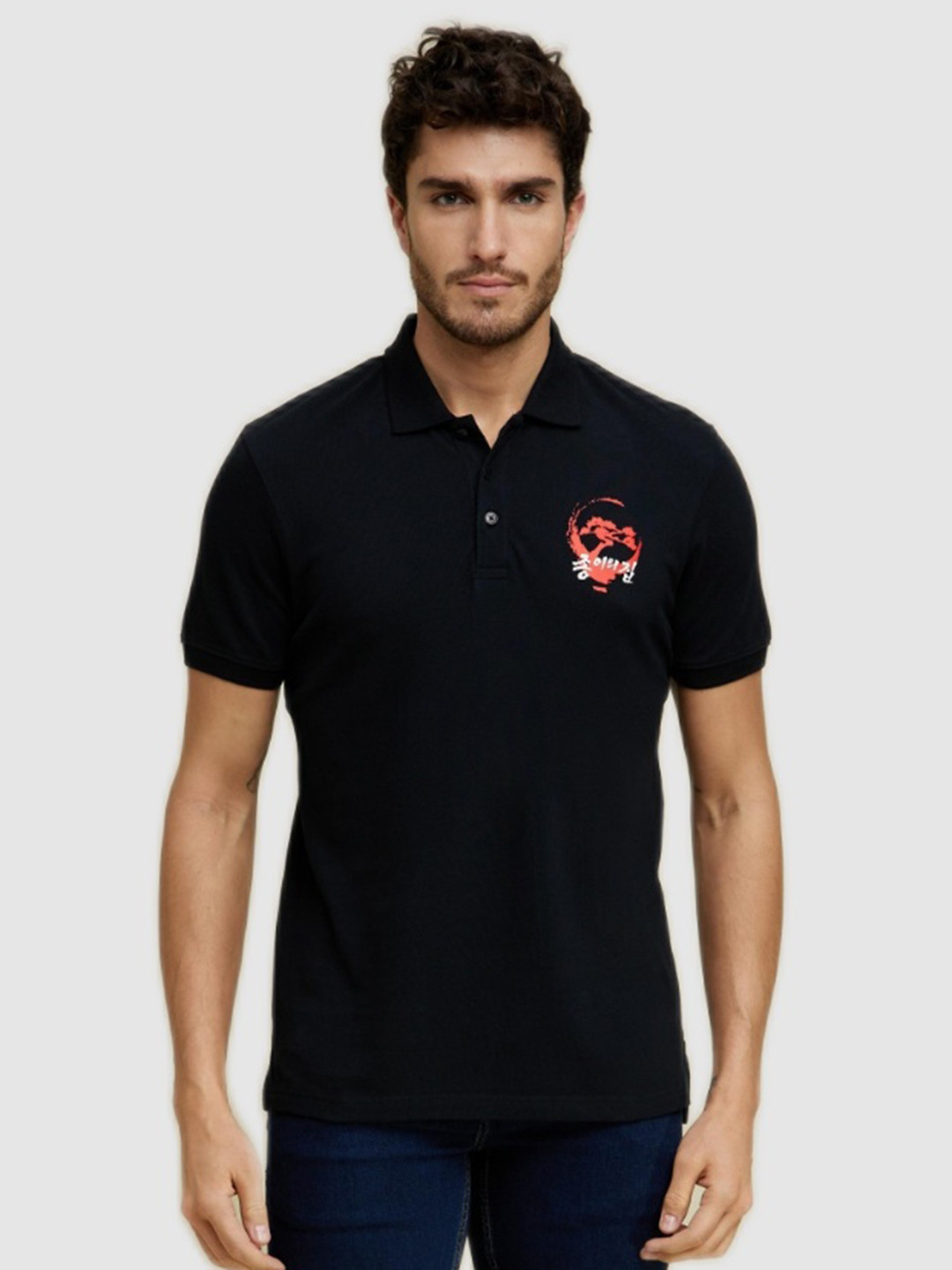 Celio Men Black Money Heist Printed Polo Collar Slim Fit T-shirt