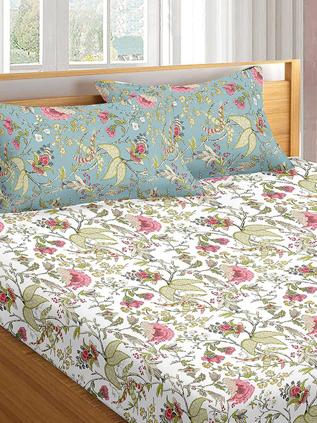 Trance Home Linen White Floral Cotton 180 TC Fitted Queen Fine Bedsheet with 2 Pillow Covers-198 x 152 cm