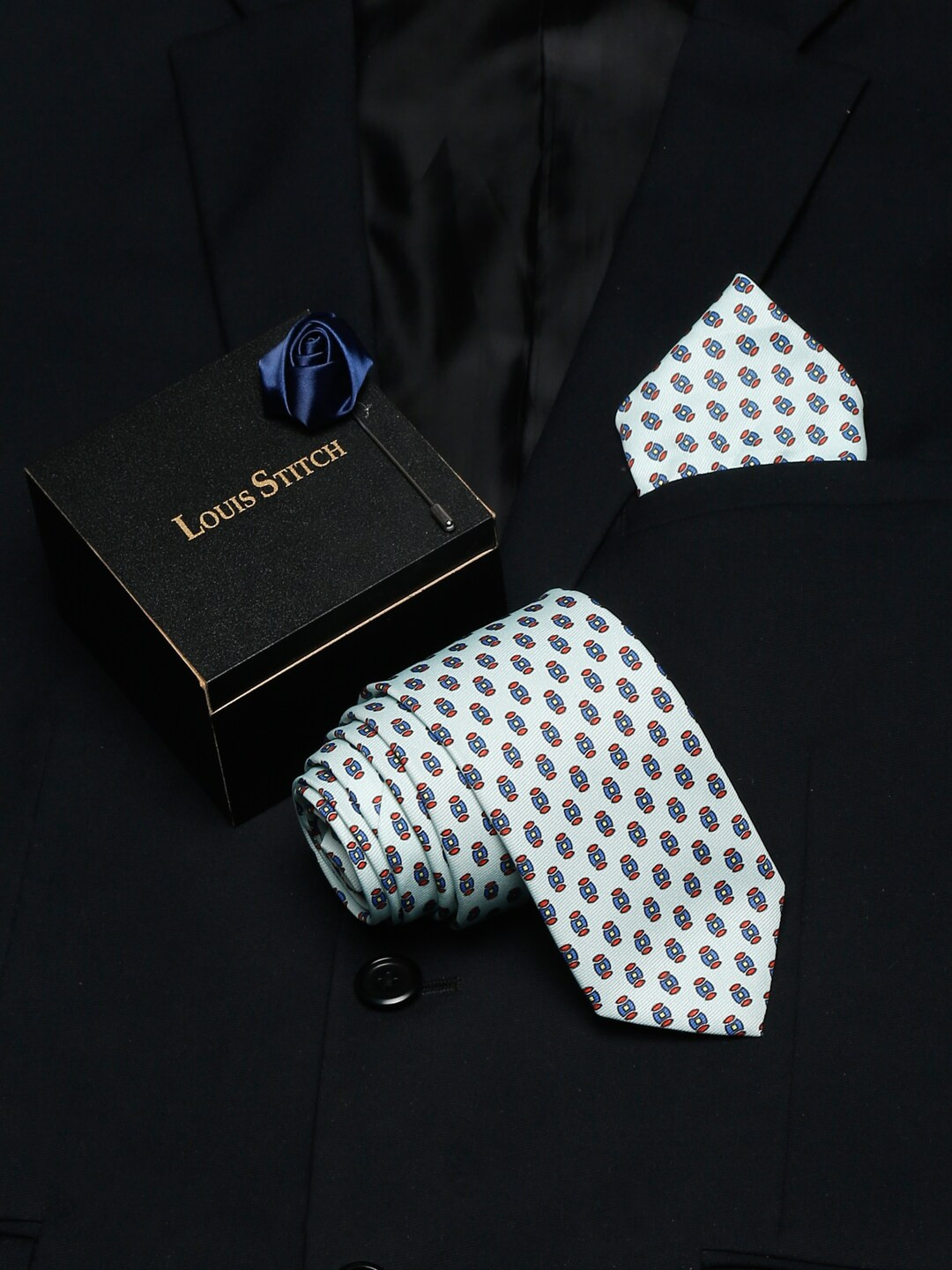 LOUIS STITCH Men Blue Printed Italian Silk Formal Tie Gift Set