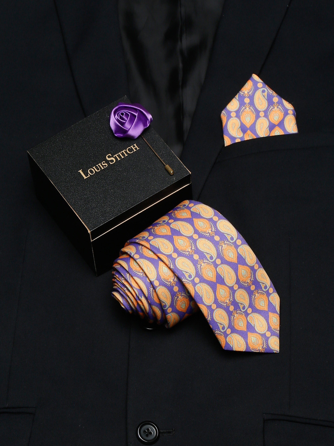 LOUIS STITCH Men Purple Printed Necktie Italian Silk Accessory Gift Set