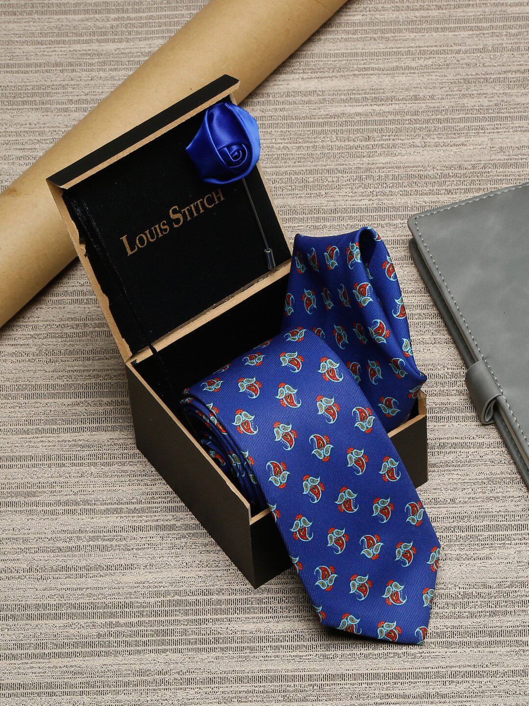 LOUIS STITCH Men Blue Printed Italian Silk Formal Tie Accessory Gift Set