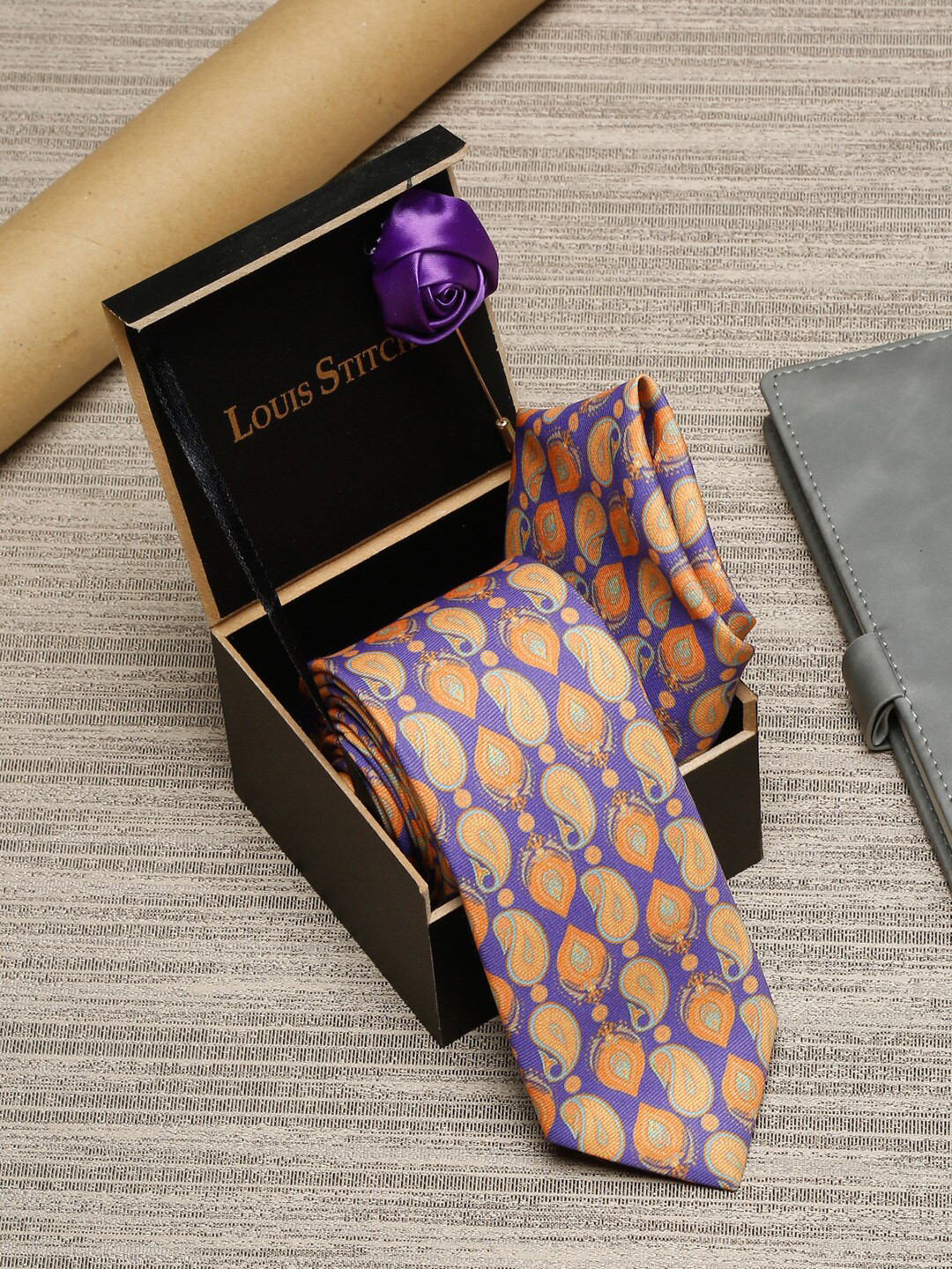 LOUIS STITCH Men Purple Printed Italian Silk Formal Tie Gift Set
