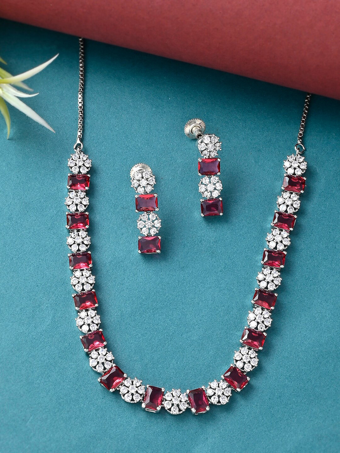 Voylla Pink & White Stone-Studded Silver Plated Jewellery Set