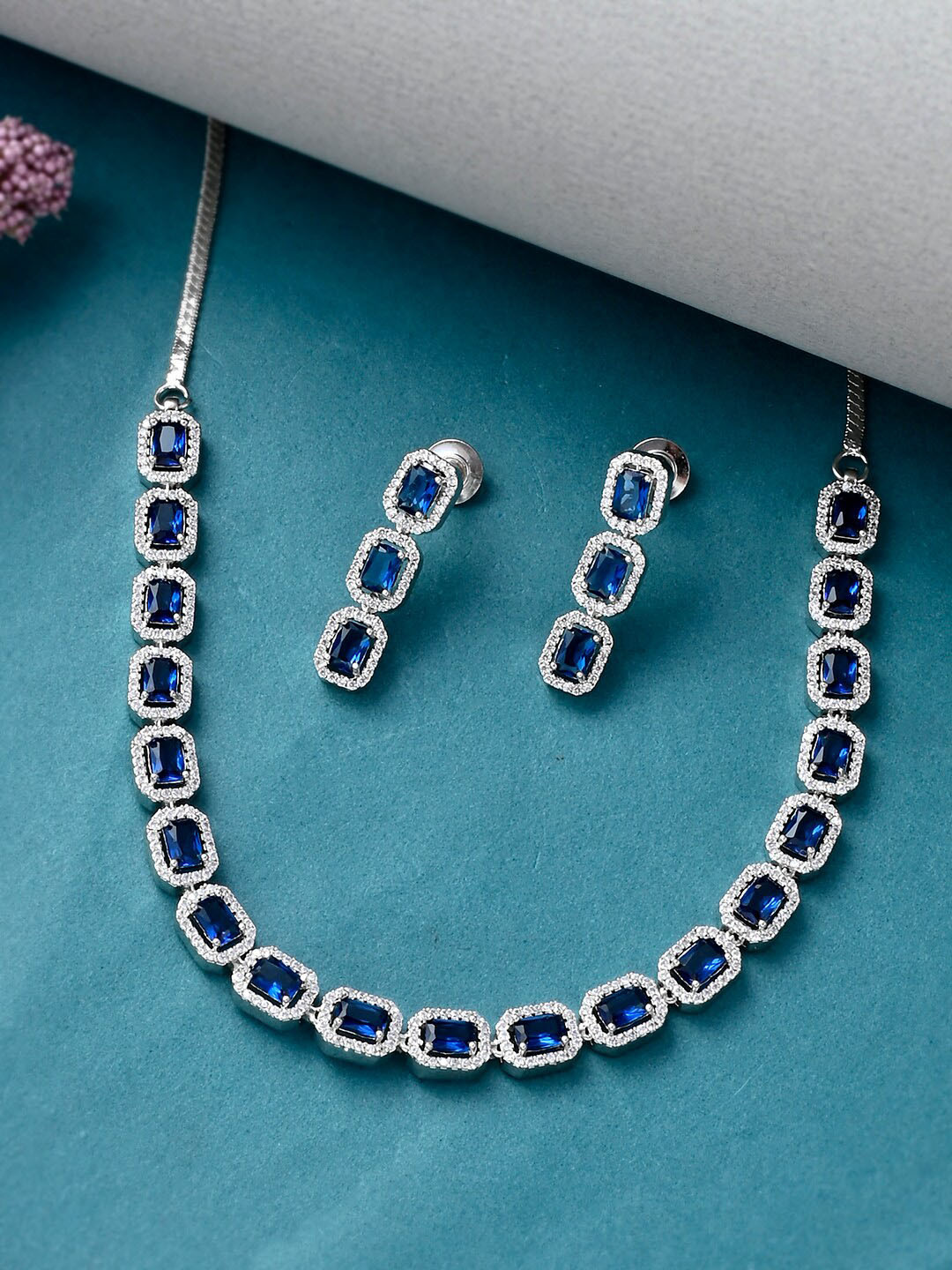 Voylla Women Blue & White Rhodium-Plated CZ-Studded Necklace and Earrings