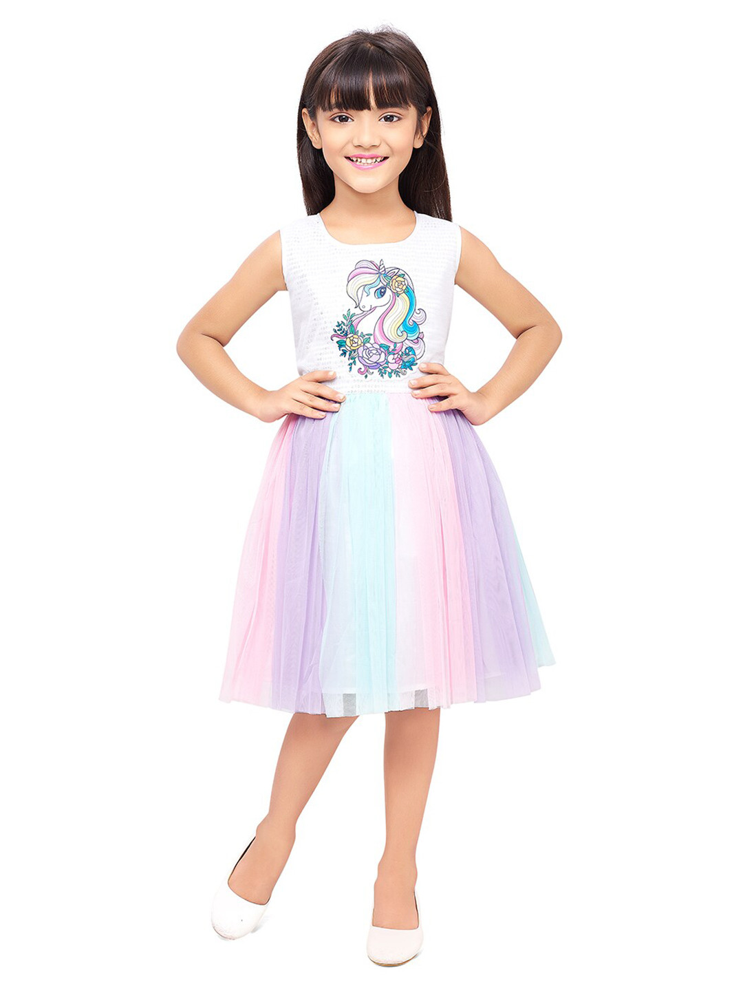 Doodle Girls Off White & Pink Floral Net Dress