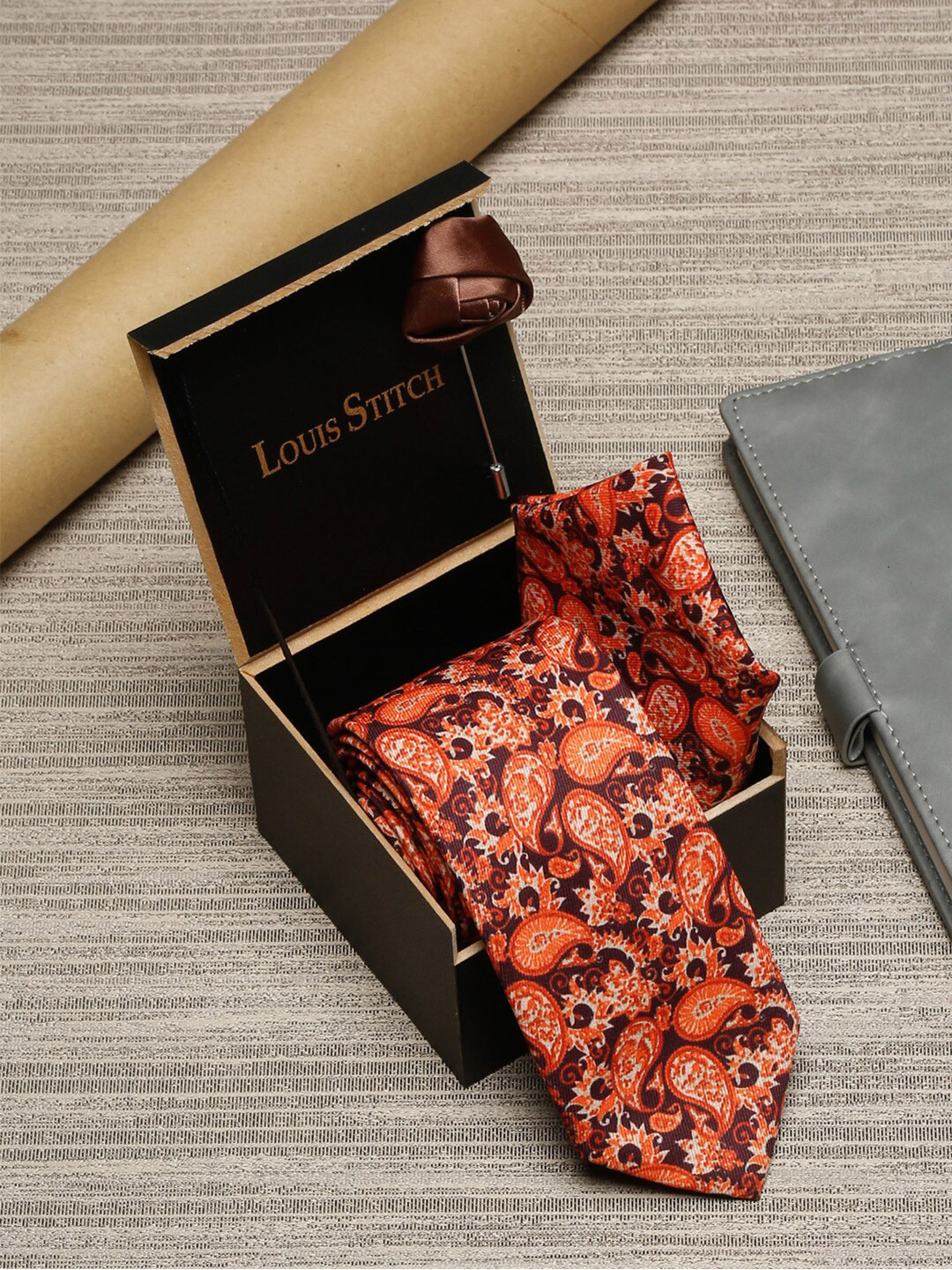 LOUIS STITCH Men Orange Italian Silk Printed Formal Tie Gift Set