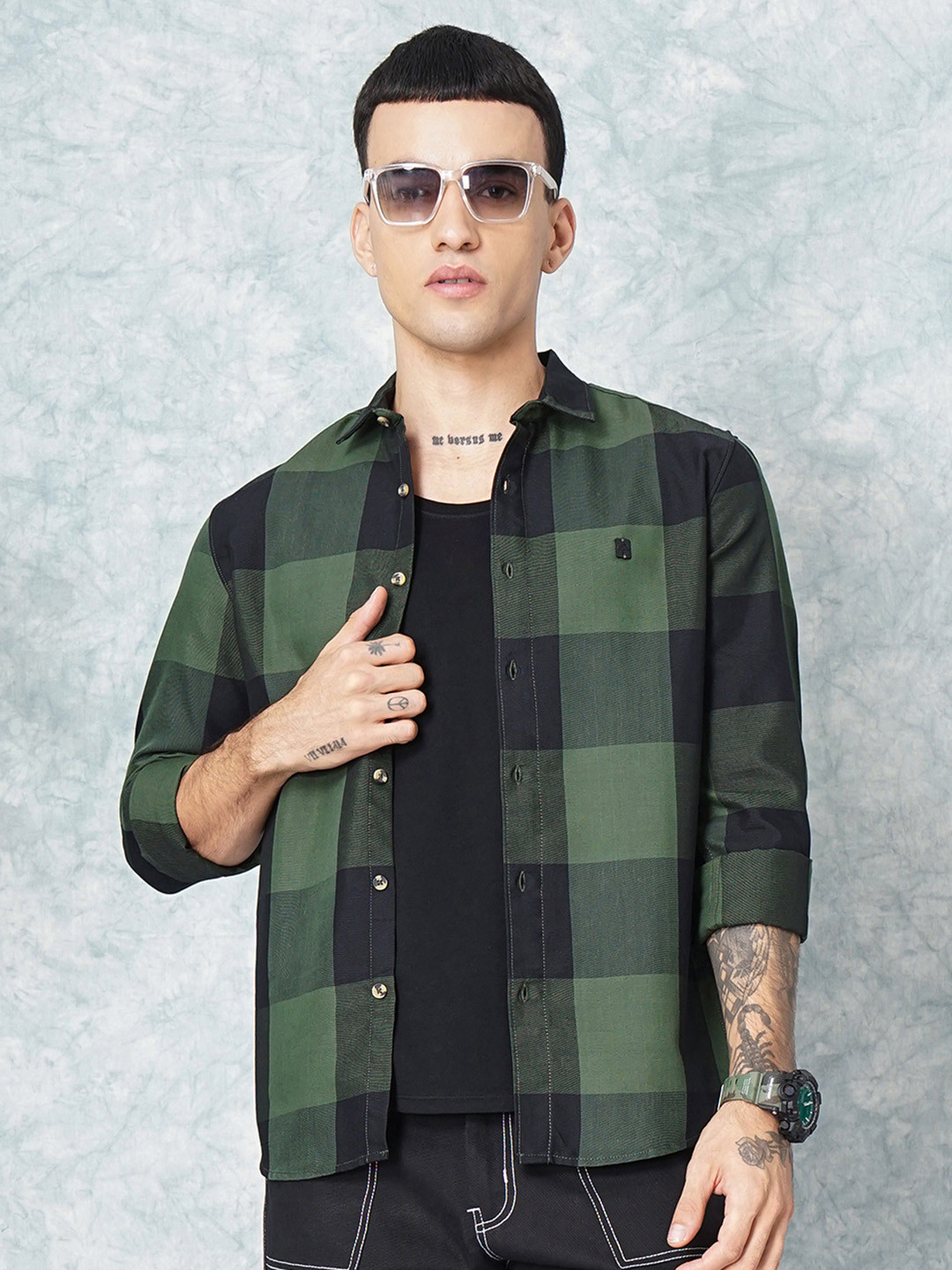 The Indian Garage Co Men Olive Green Grid Tattersall Checked Pure Cotton Casual Shirt