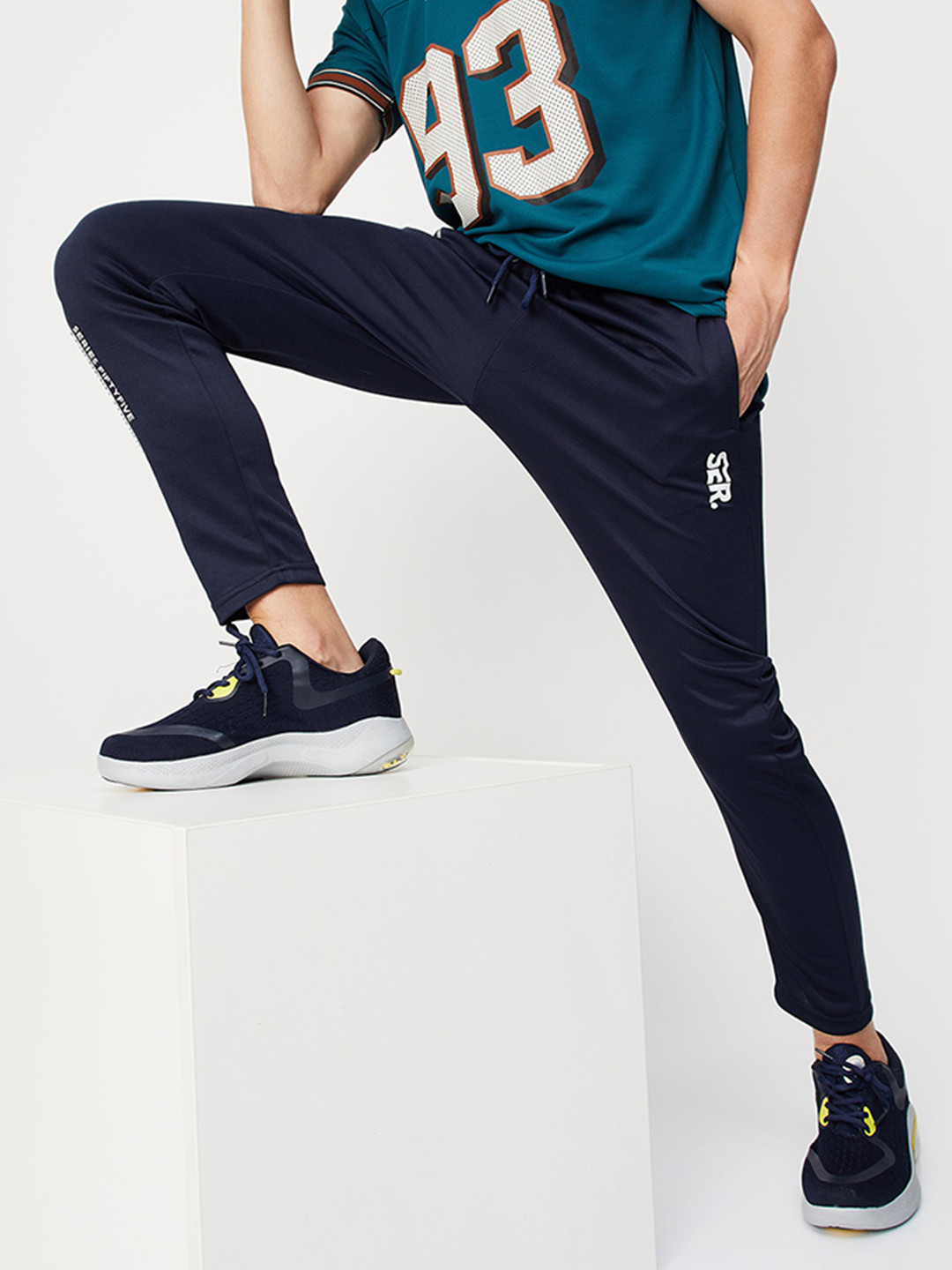 max Men Blue Typography Printed Track Pants