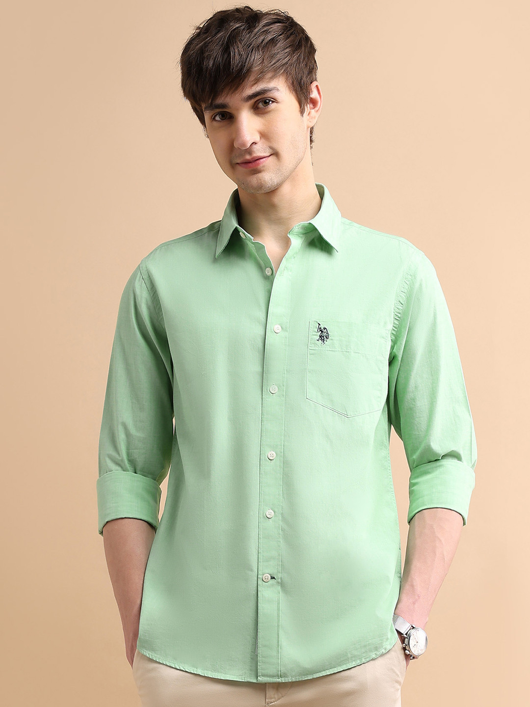 U.S. Polo Assn. Men Green Cotton Two Tone Shirt