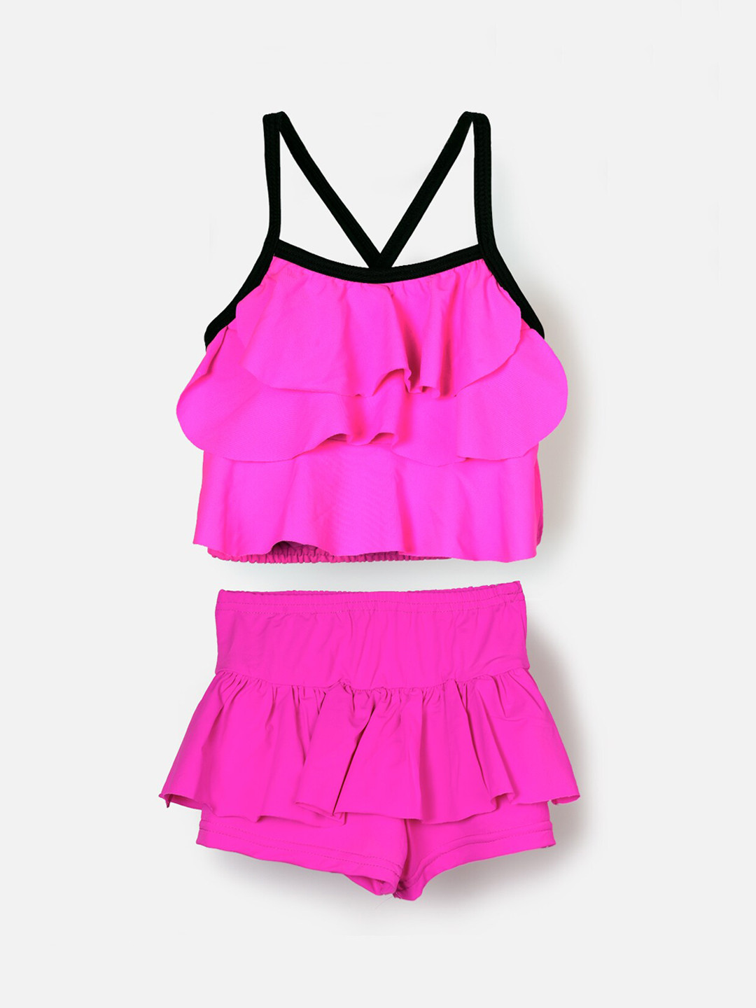 CUKOO Girls Pink & Black Ruffled 2 Piece Swim Set