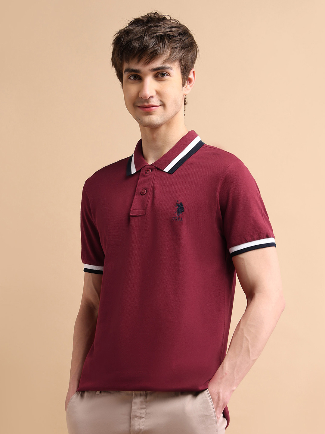 U S Polo Assn Men Red Pure Cotton Heritage Tipped Polo Collar T-shirt