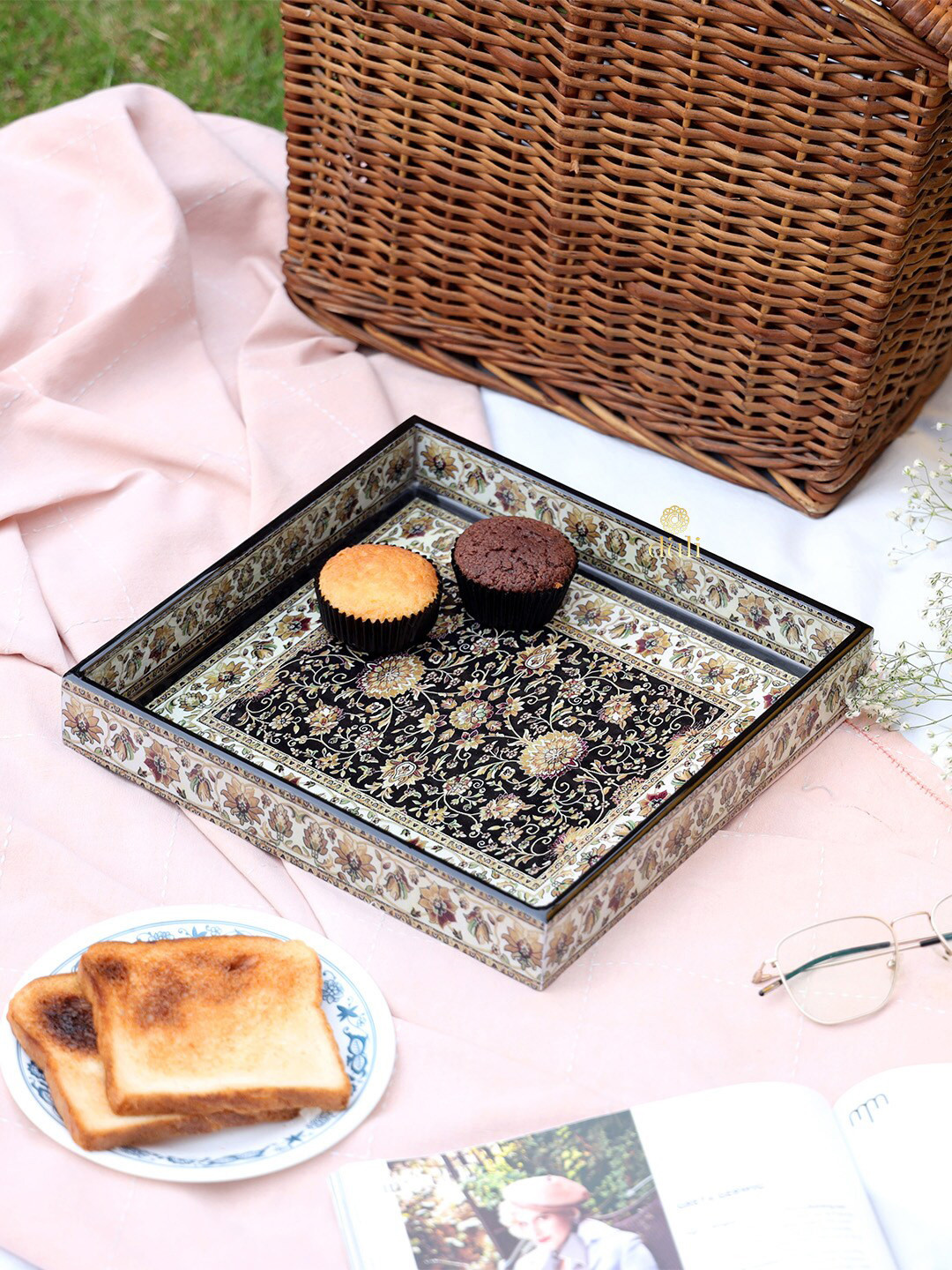 DULI Black & Beige Printed Square Enamel Coated Tray