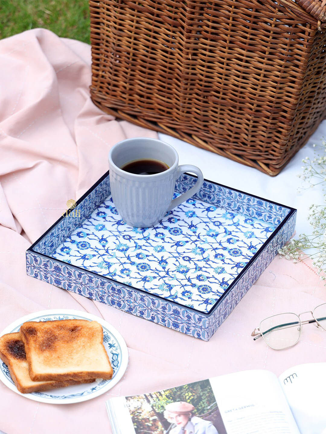 DULI  Blue & White Printed Square Enamel Coated Tray