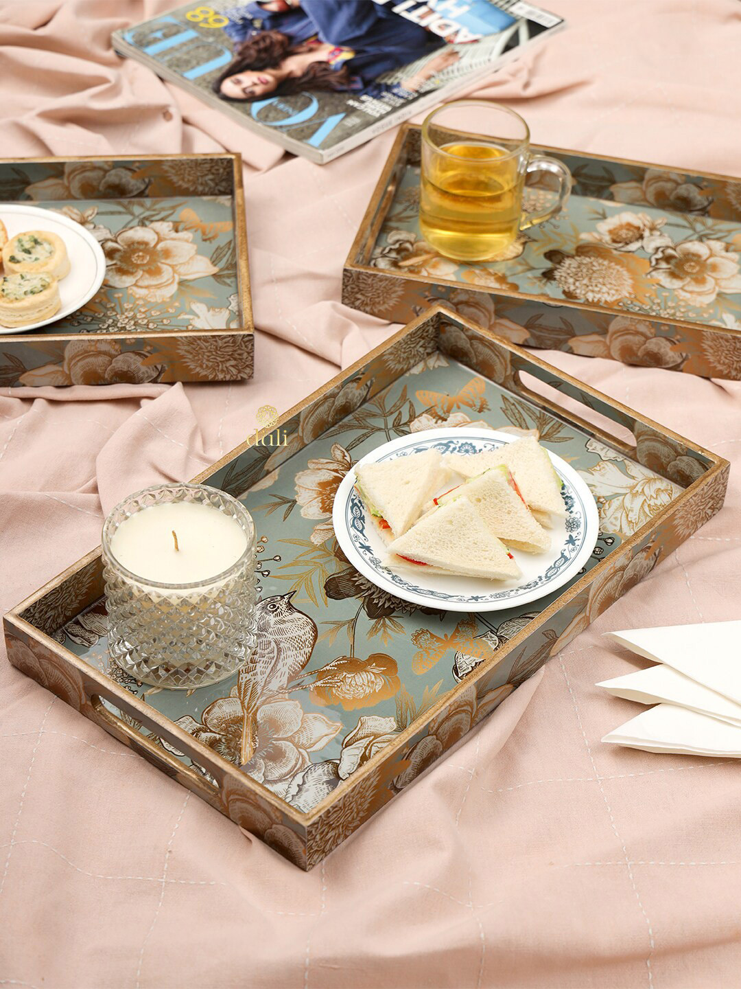 DULI Set Of 3 Green &Gold Toned Wooden Serving Tray