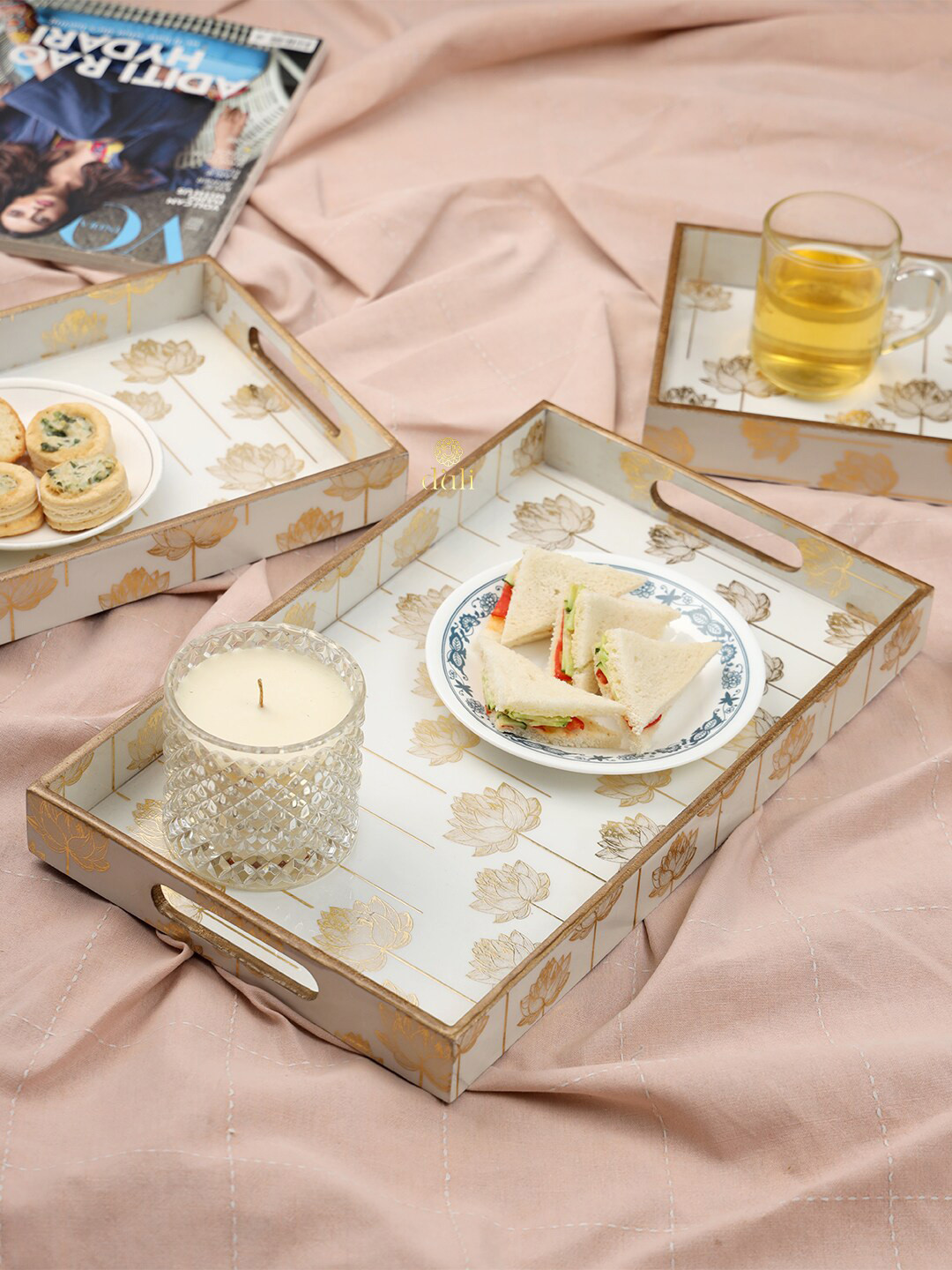 DULI Set Of 3 Cream-Colored Printed Trays