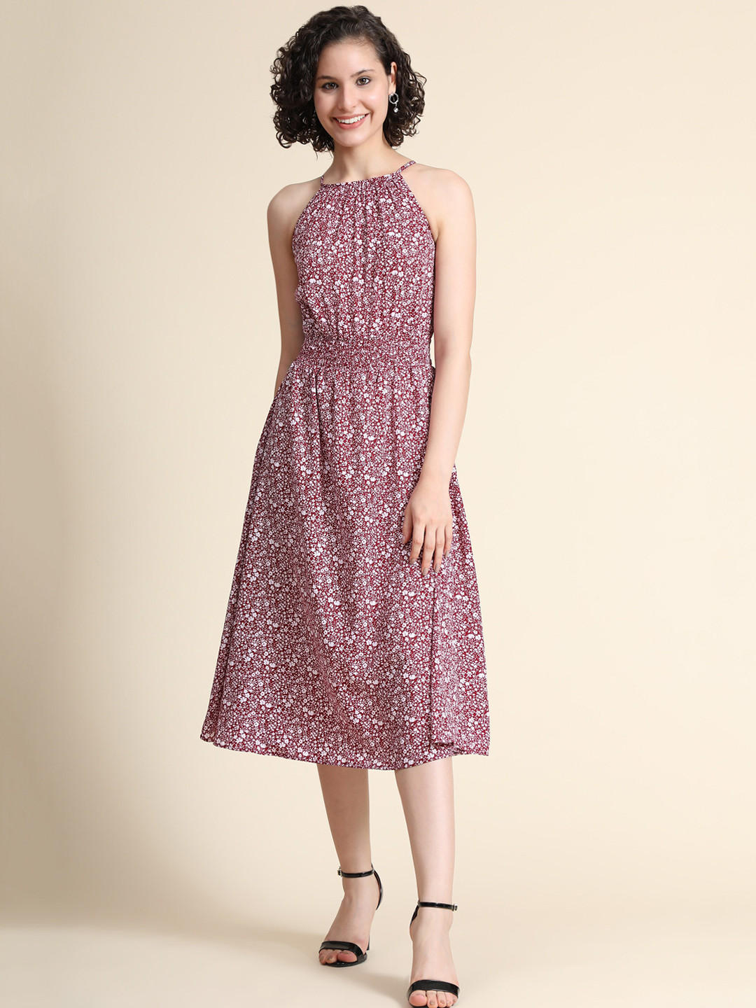 KERI PERRY Floral Print Shoulder Straps Fit & Flare Midi Dress