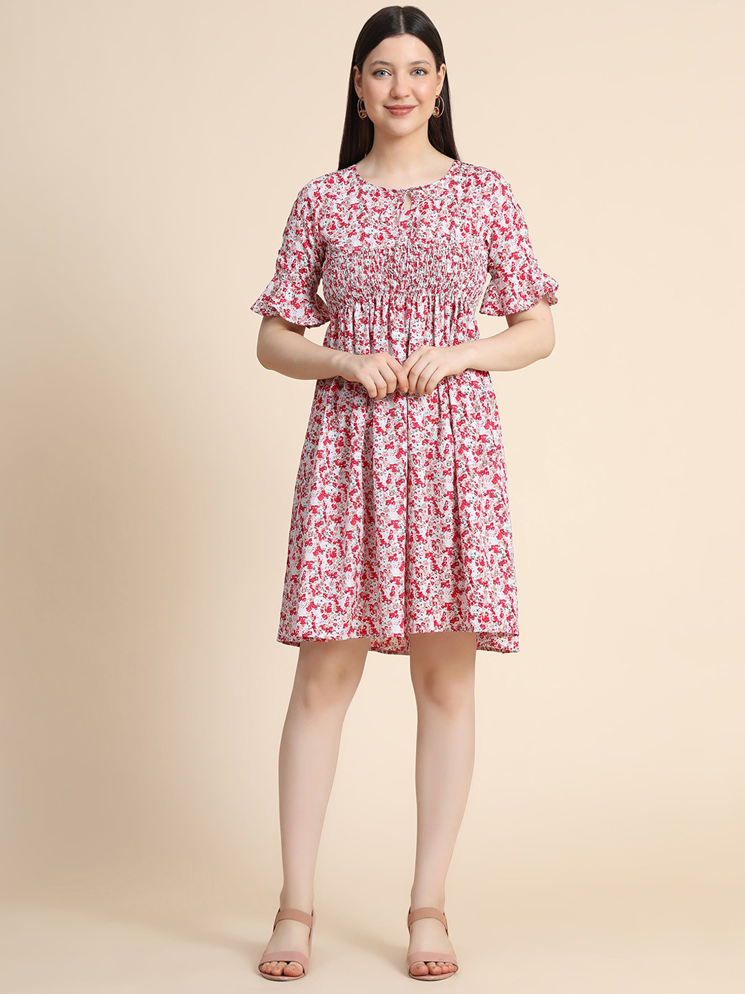 KERI PERRY Red Floral Printed Tie-Up Neck Flared Sleeves Smocked Fit & Flare Dress