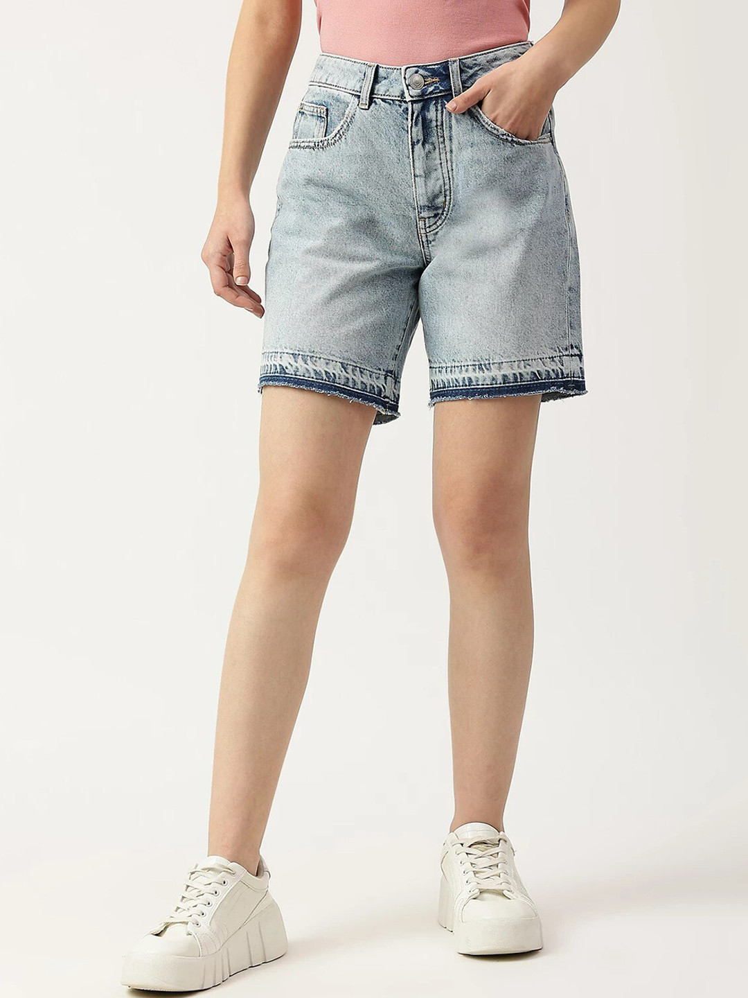 Marks & Spencer Women Blue Washed High-Rise Denim Cotton Shorts