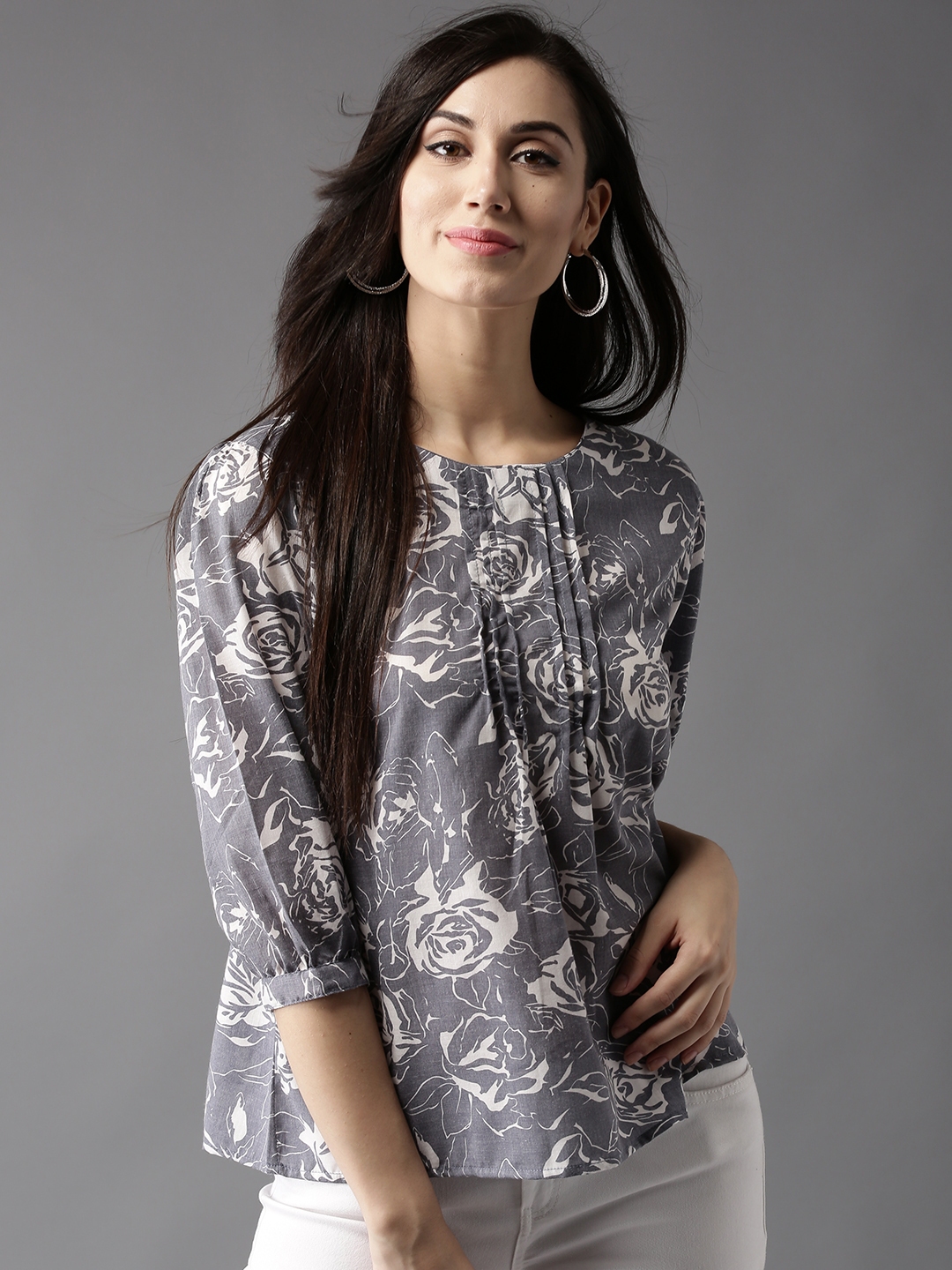 Buy HERE&NOW Women Grey & Off White Printed A Line Pure Cotton Top - Tops  for Women 2056696