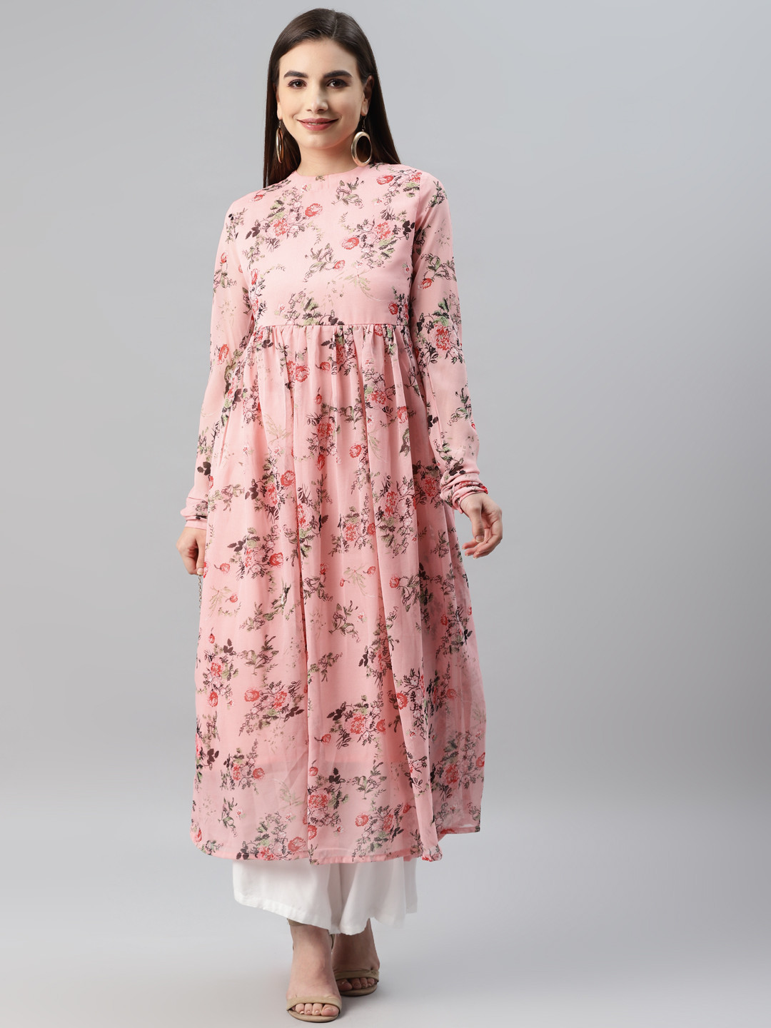 MBE Women Pink & Brown Floral Printed Pastels Georgette Anarkali Kurta