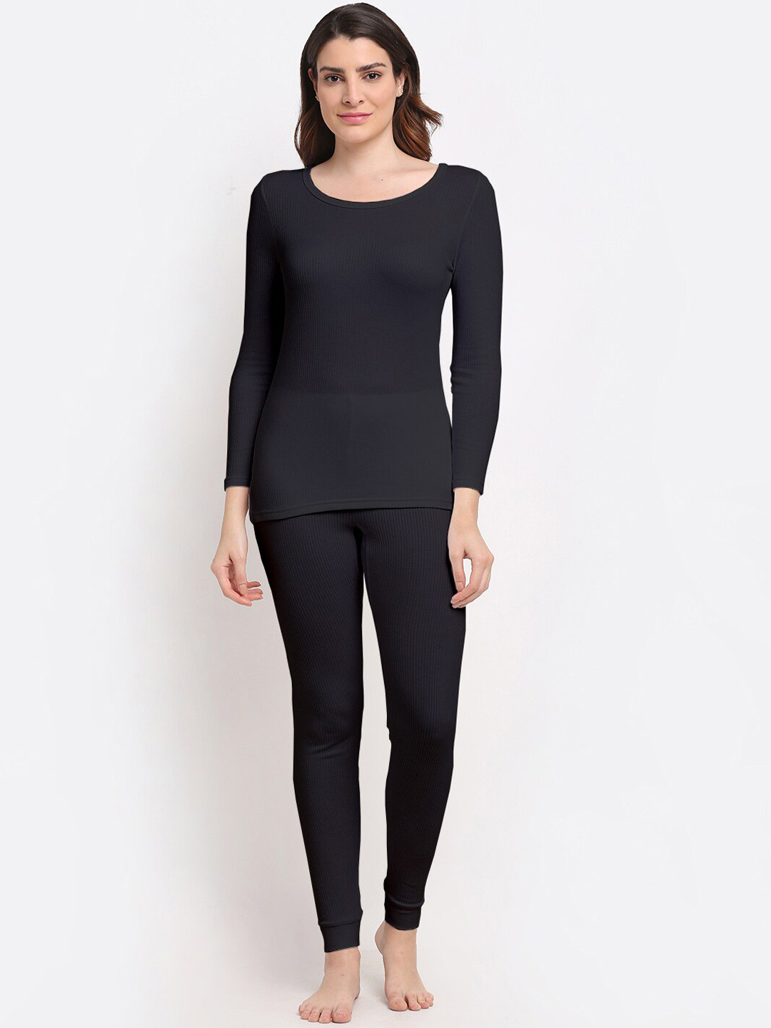 Aerowarm Women Charcoal Grey Solid Thermal Top & Bottom
