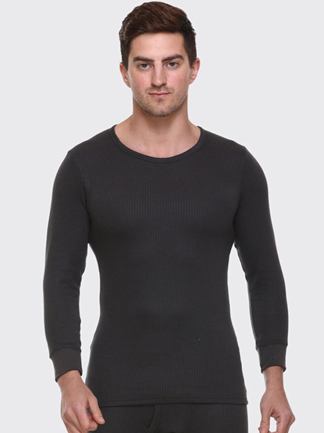 Aerowarm Men Charcoal Black Ribbed Full Sleeve Thermal Top