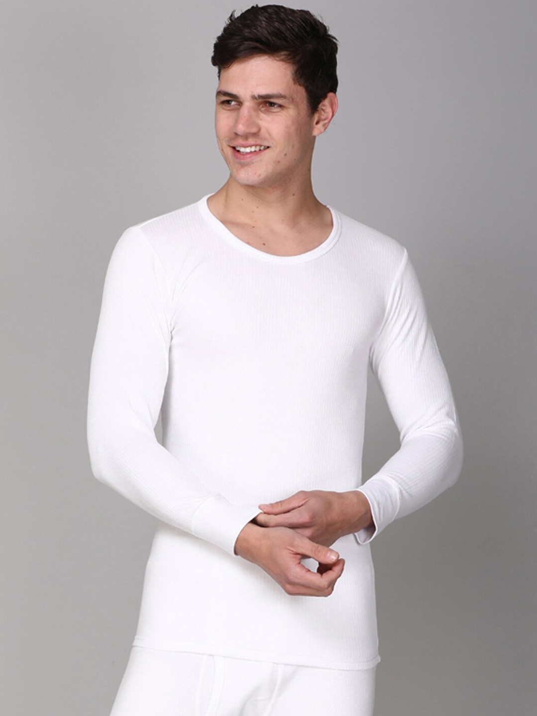 Aerowarm Men White Ribbed Full Sleeve Thermal T-Shirt