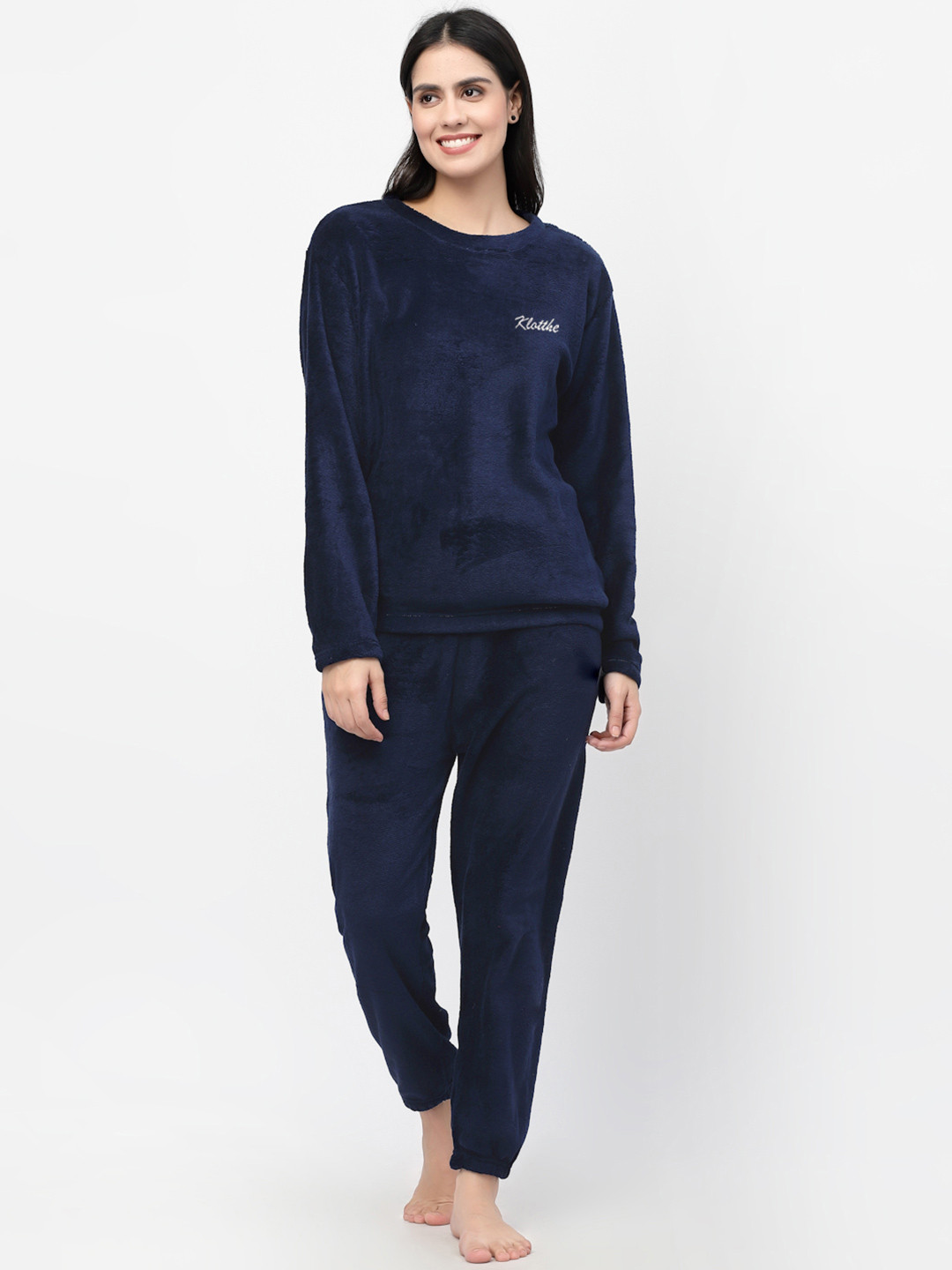 Women Navy Blue Solid Woolen Night suit