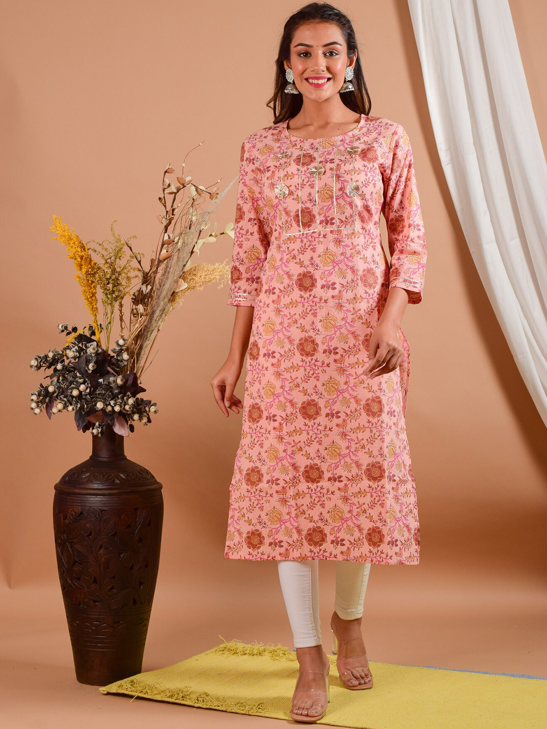 Maaesa Pink Round Neck Floral Printed Cotton Kurta