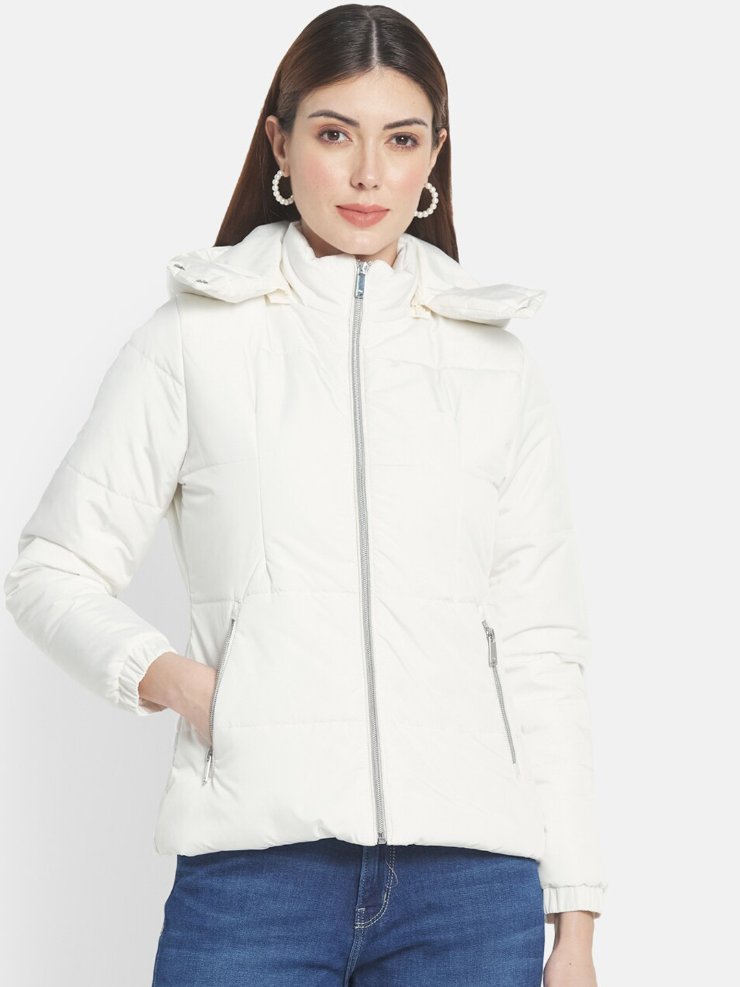 METTLE Women Off White Hooded Parka Jacket