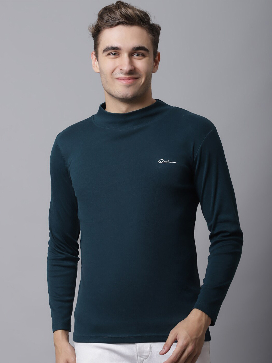 Rodamo Men Teal High Neck Applique Slim Fit Cotton T-shirt